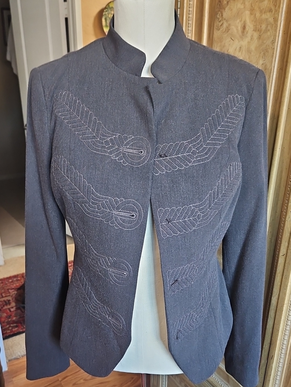 CAbi Gray Embroidered Collarless Blazer And Missing All 4 Buttons!